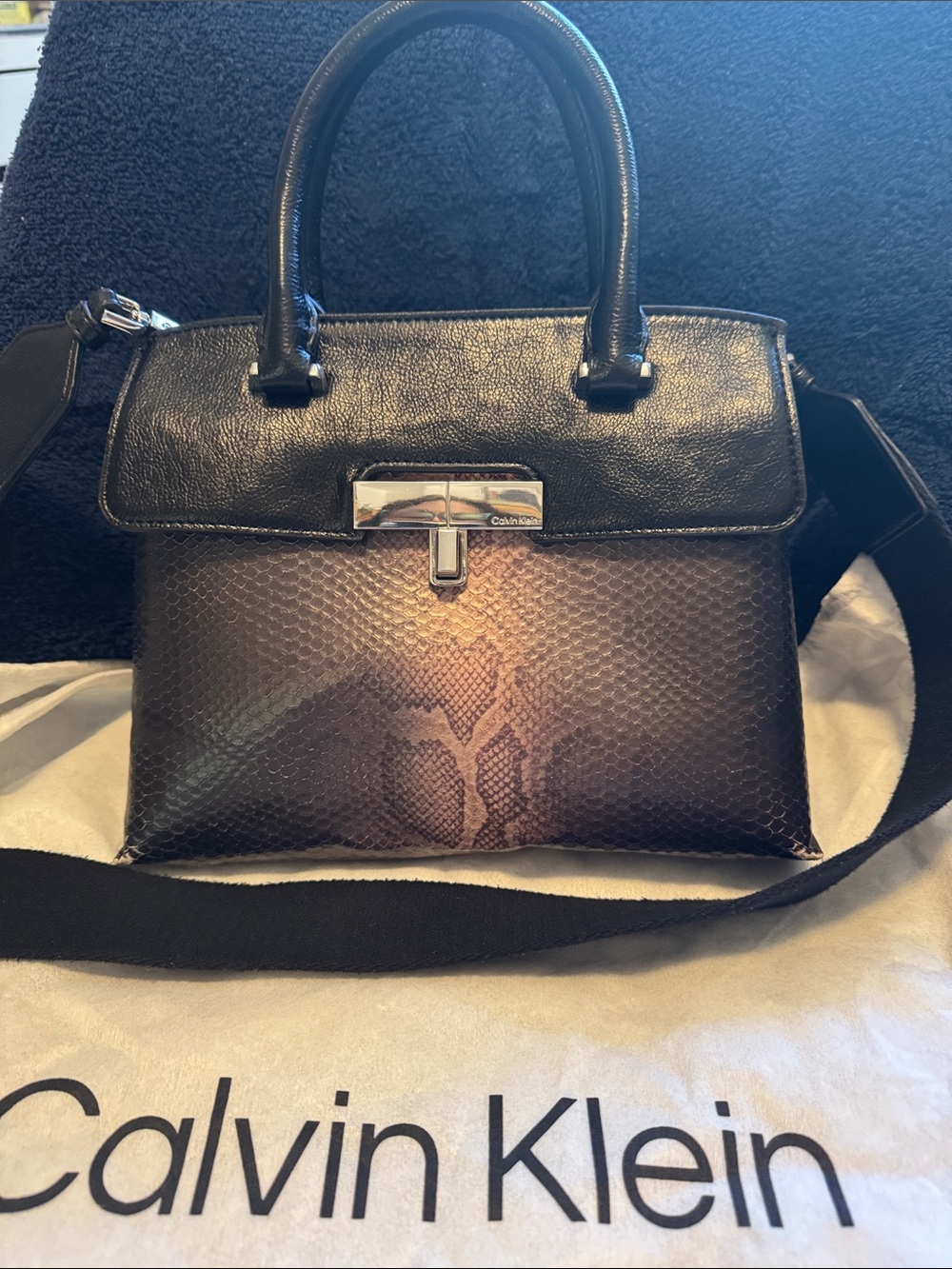 Calvin Klein Black and Brown Snake-Embossed Satchel with Silver-Tone Hardware